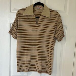 Vintage Tan and Brown Polo Shirt Classic Striped Design